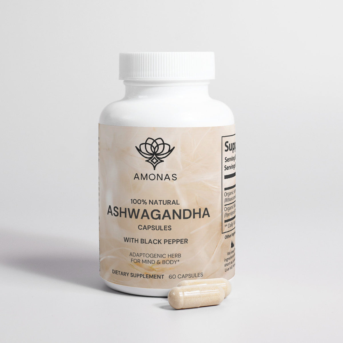 Amonas ashwagandha capsules with black pepper bottle front