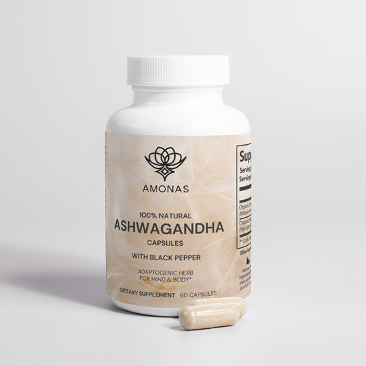 Amonas ashwagandha capsules with black pepper bottle front