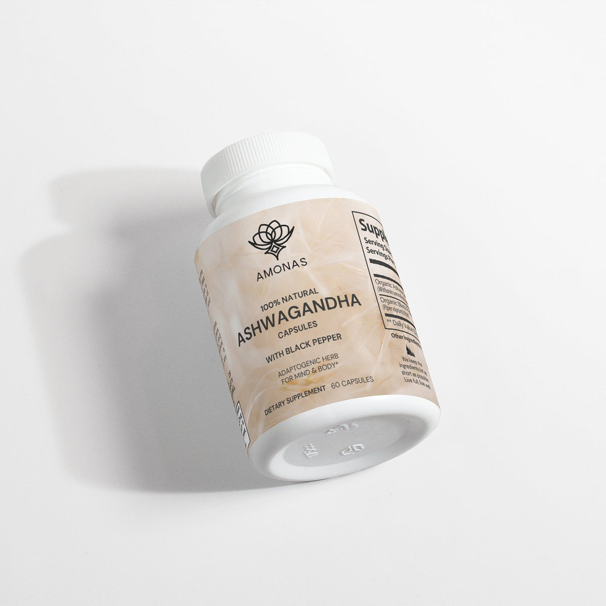 Amonas ashwagandha capsules with black pepper bottle lying down