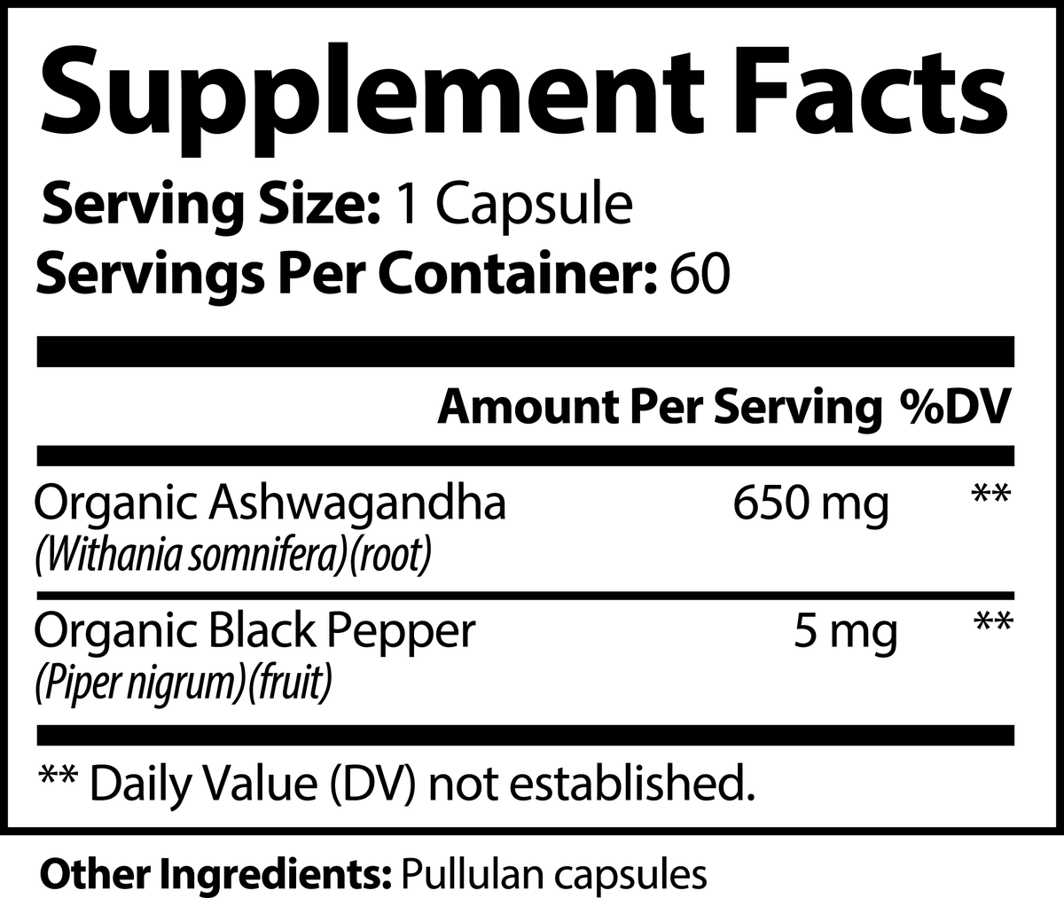 Amonas ashwagandha capsules with black pepper supplement facts