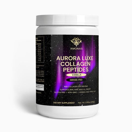 Amonas Aurora Luxe Collagen Peptides Powder, vanilla, 240 g jar front label