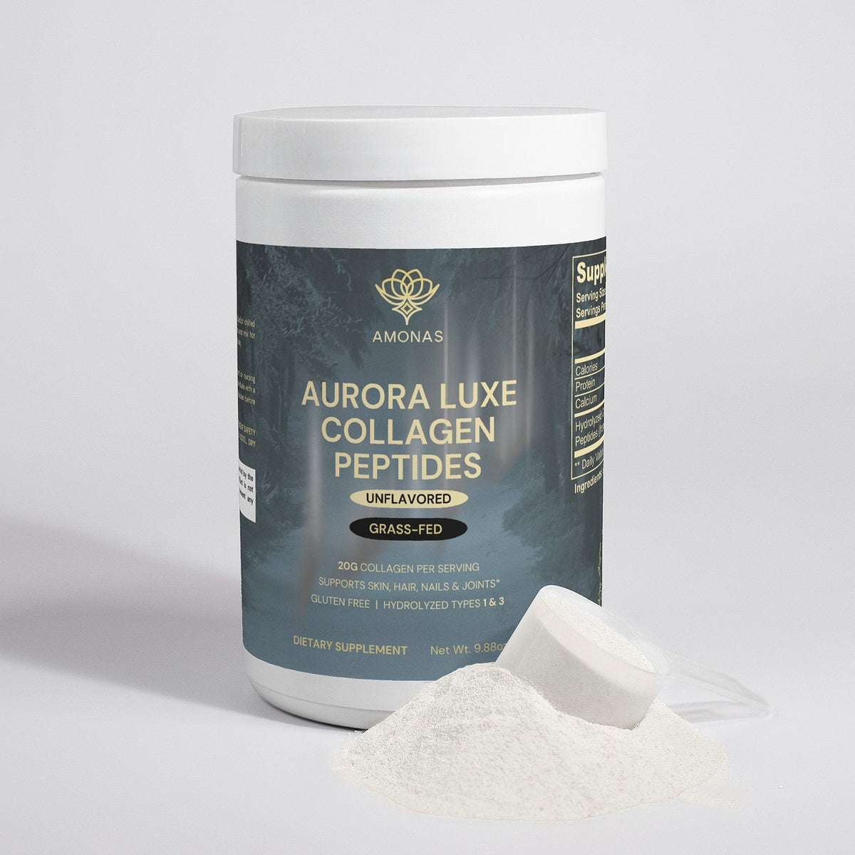 Amonas Aurora Luxe Unflavored Collagen Peptides Powder jar with scoop