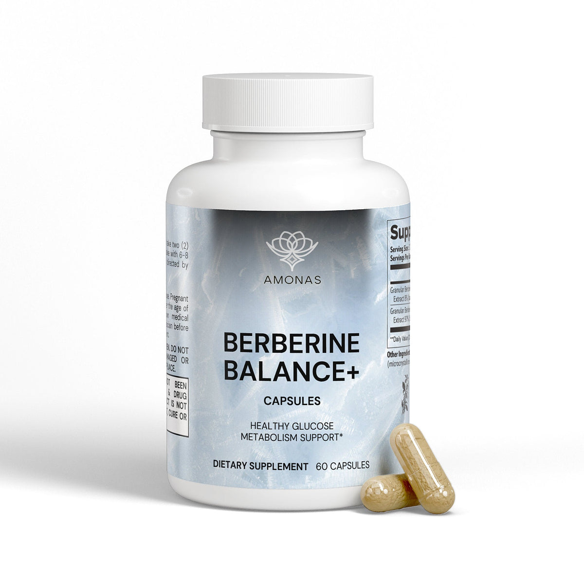 Amonas Berberine Balance+ bottle with two berberine capsules