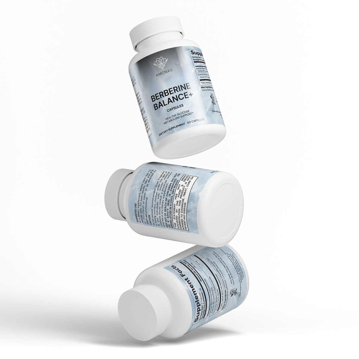 Three bottles of Amonas Berberine Balance+ berberine capsules