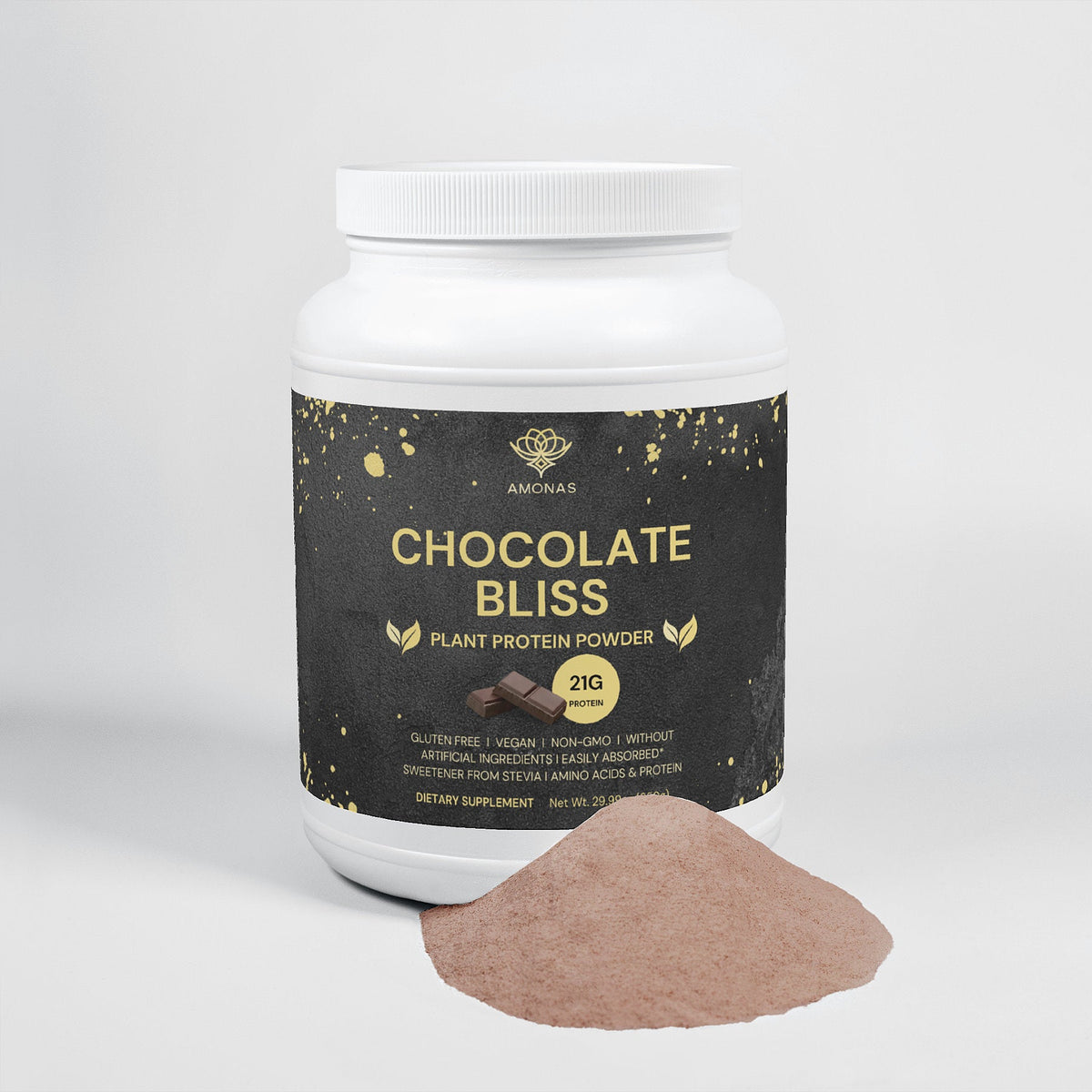 Amonas Chocolate Bliss chocolate plant protein powder, 24 servings with 21 g fava bean protein