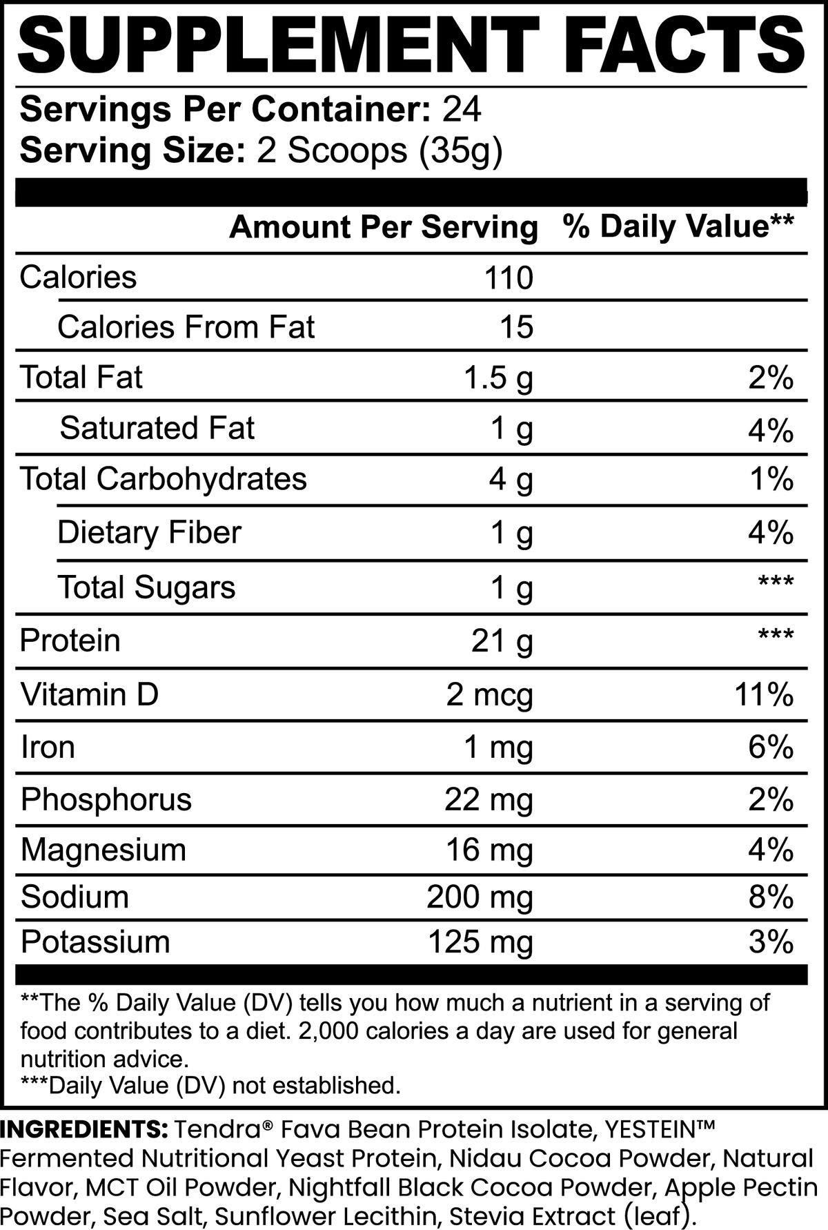 Amonas Chocolate Bliss chocolate plant protein powder, 24 servings with 21 g fava bean protein, Supplement Facts label
