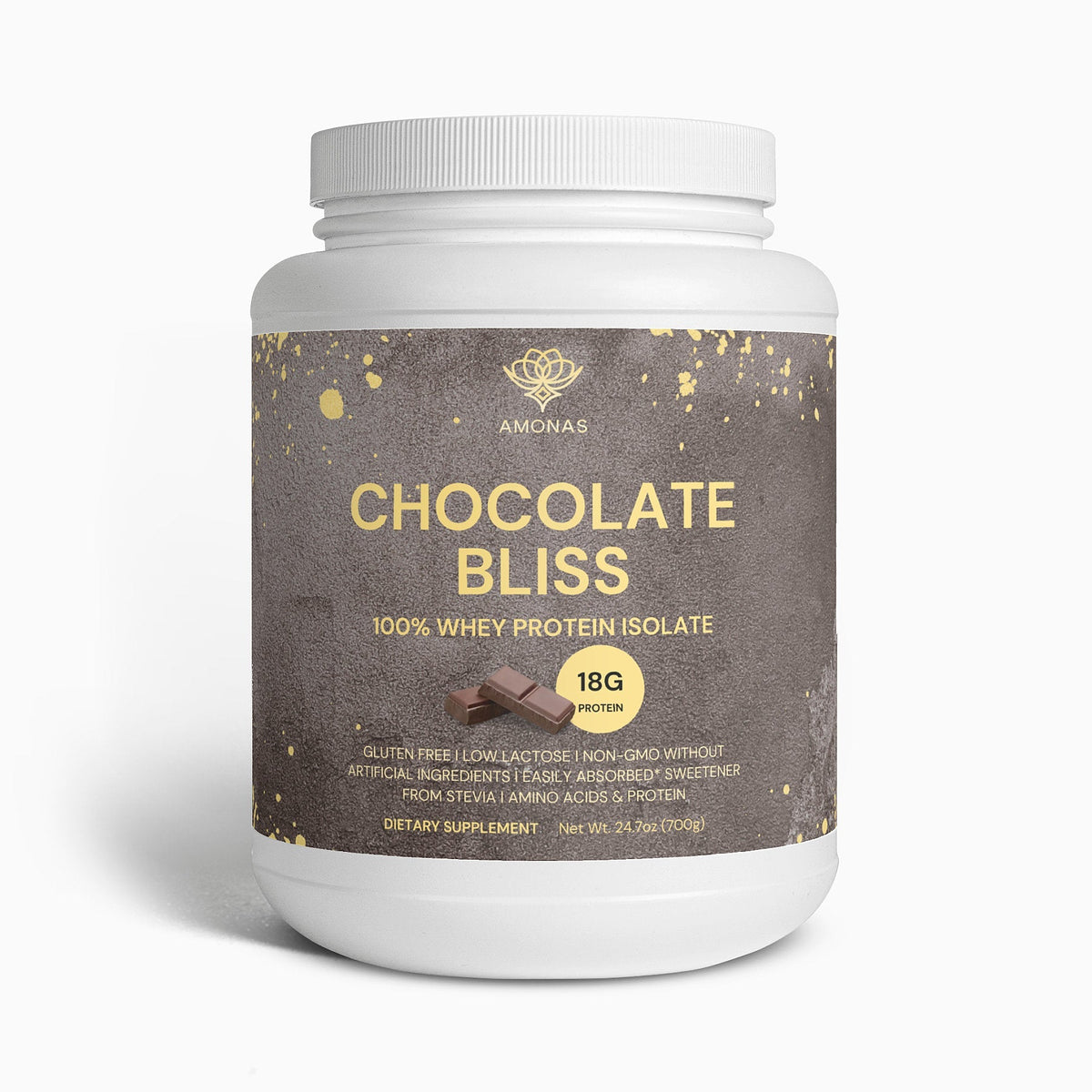Amonas Chocolate Bliss chocolate whey protein powder, 700 g tub with 18 g protein per scoop