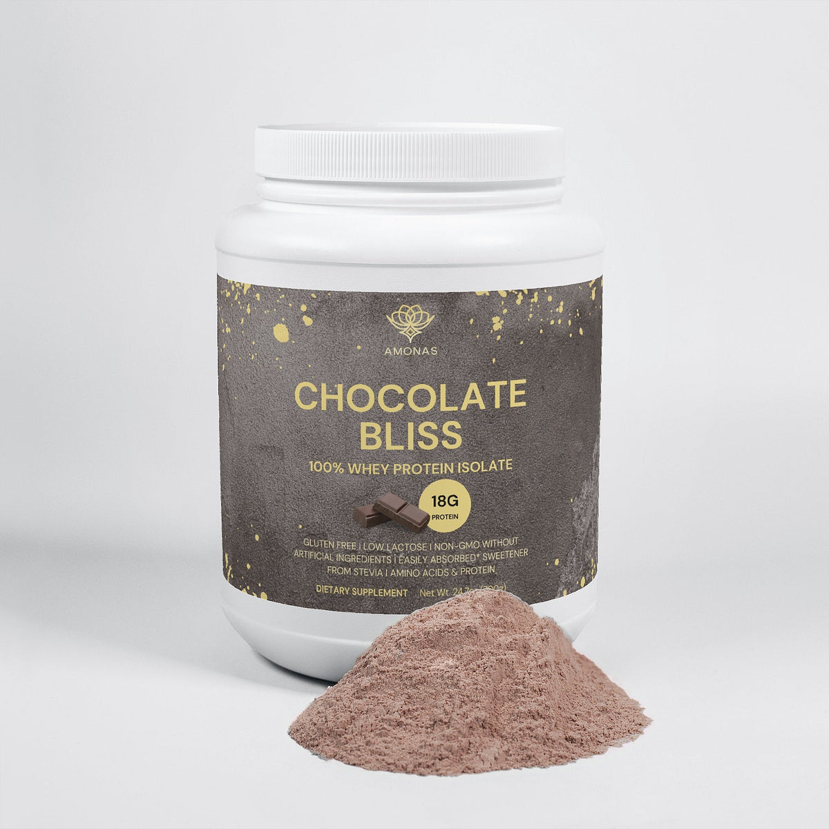 Amonas Chocolate Bliss chocolate whey protein powder, 700 g tub with 18 g protein per scoop