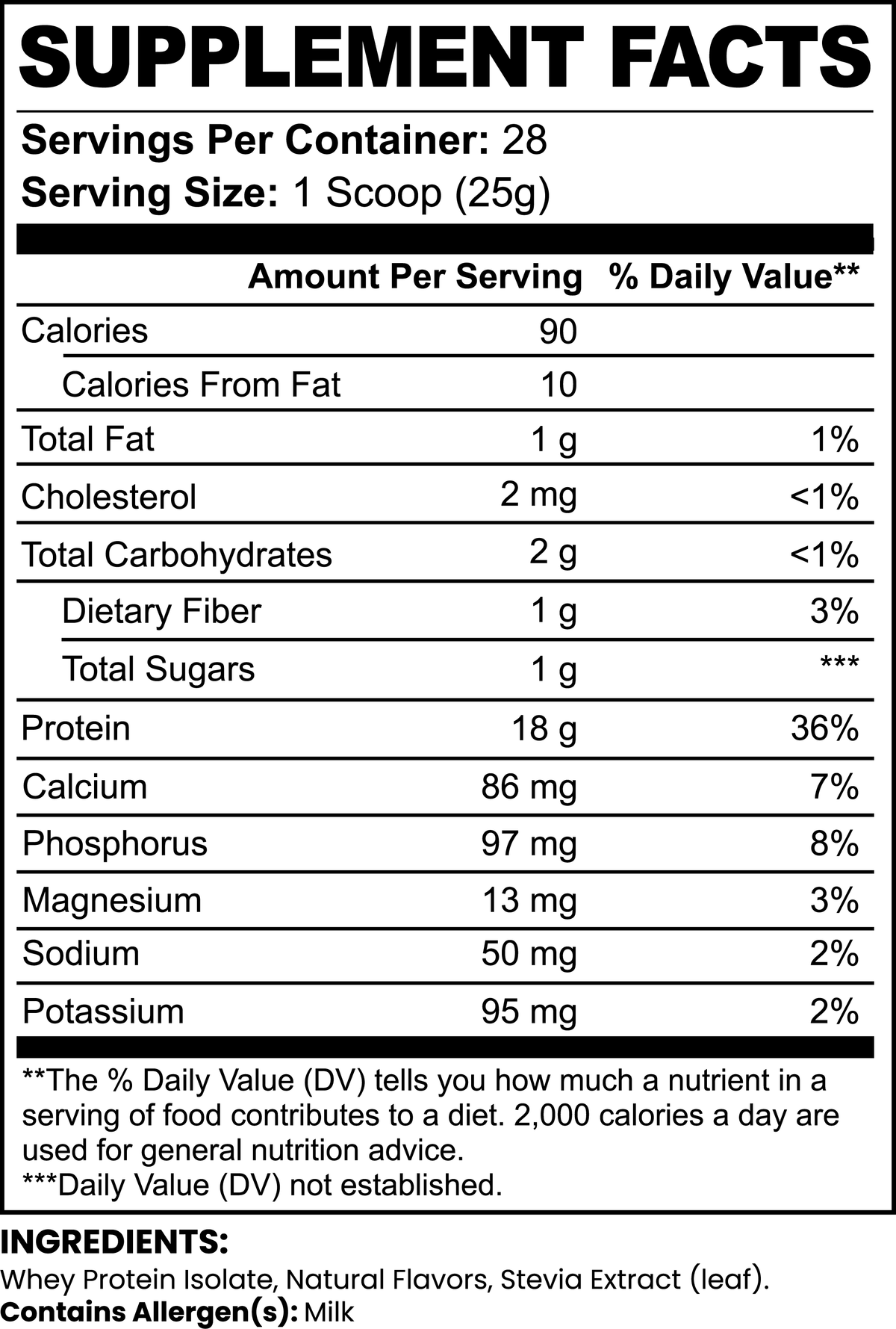 Amonas Chocolate Bliss chocolate whey protein powder, 700 g tub with 18 g protein per scoop, Supplement Facts label