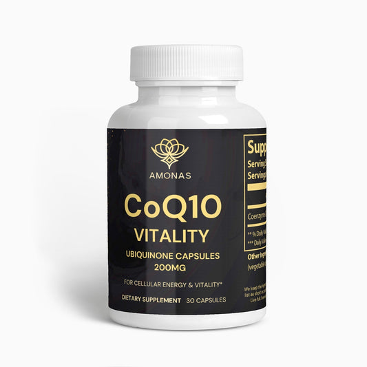 Amonas CoQ10 Vitality CoQ10 capsules bottle, front label